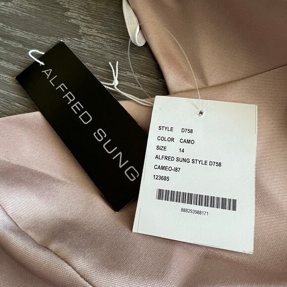 Alfred Sung Dress Size 14 Twill Trumpet Front Slit Cameo D758 - Picture 3 of 16